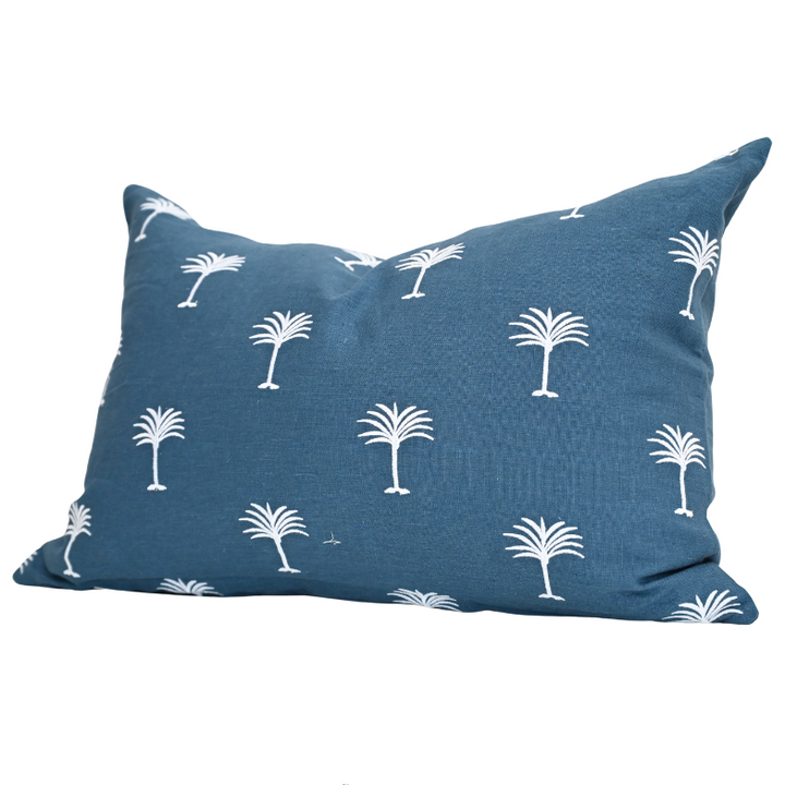 Palm Tree Navy Linen Lumbar Cushion