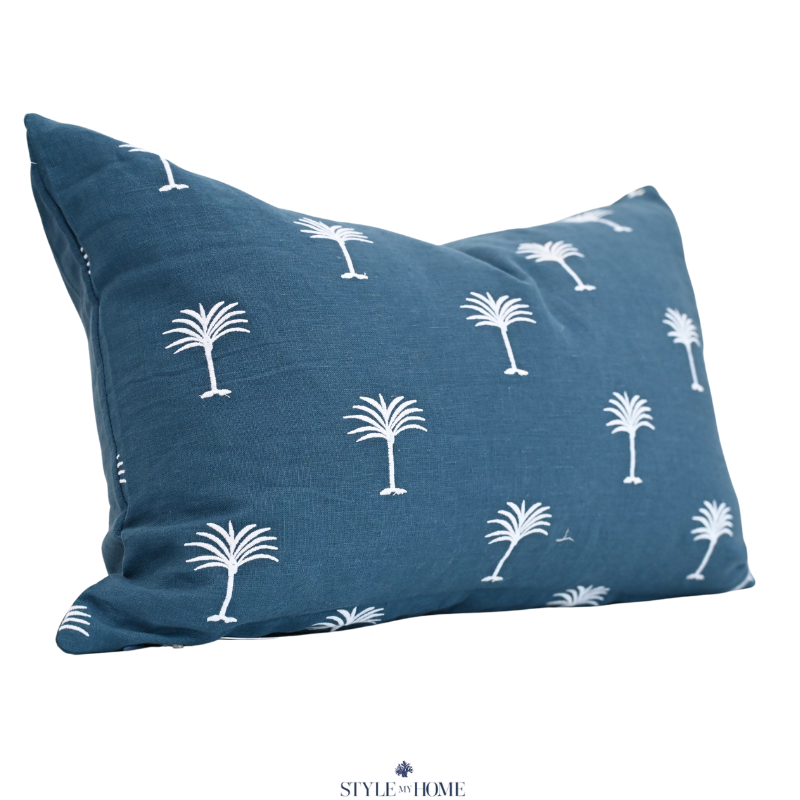 Palm Tree Navy Linen Lumbar Cushion