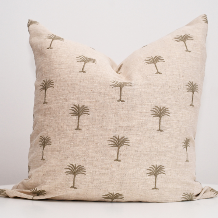 Palm Tree Oatmeal Linen Square Cushion