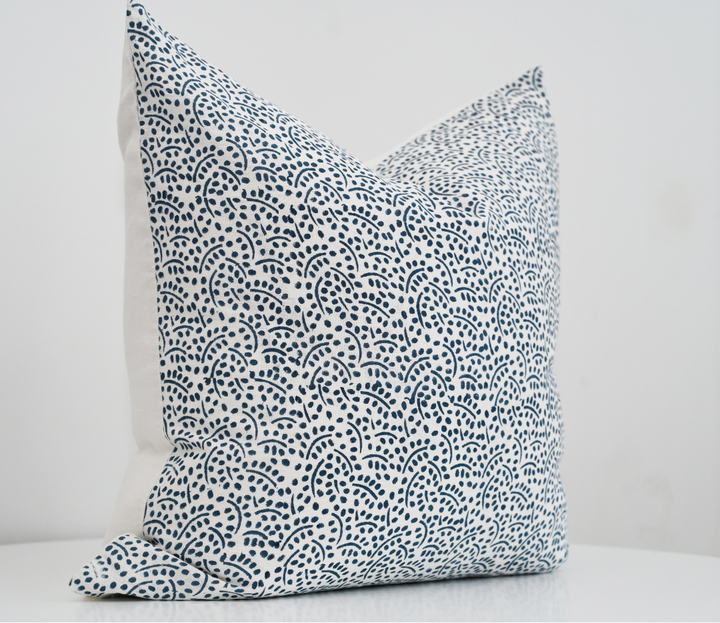 Abstract Blue Block Print Square Linen Cushion