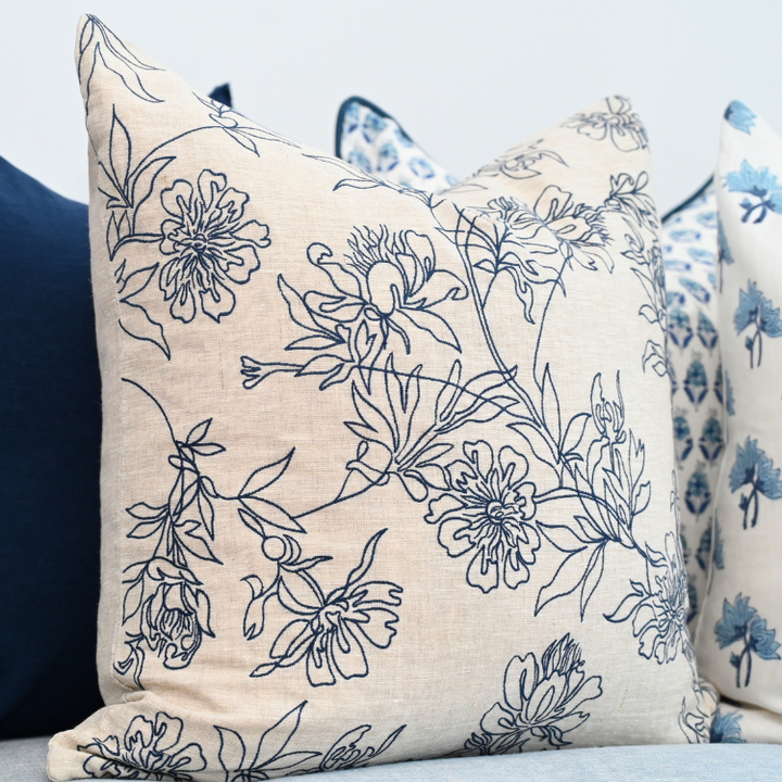 Tamala Rose Embroidered Square Linen Cushion