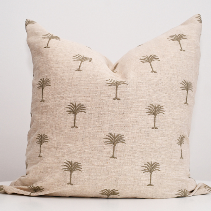 Palm Tree Oatmeal Linen Square Cushion