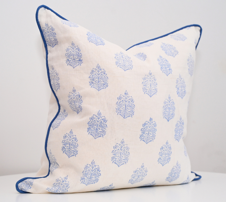 Blue Motif Block Print Linen Cushion