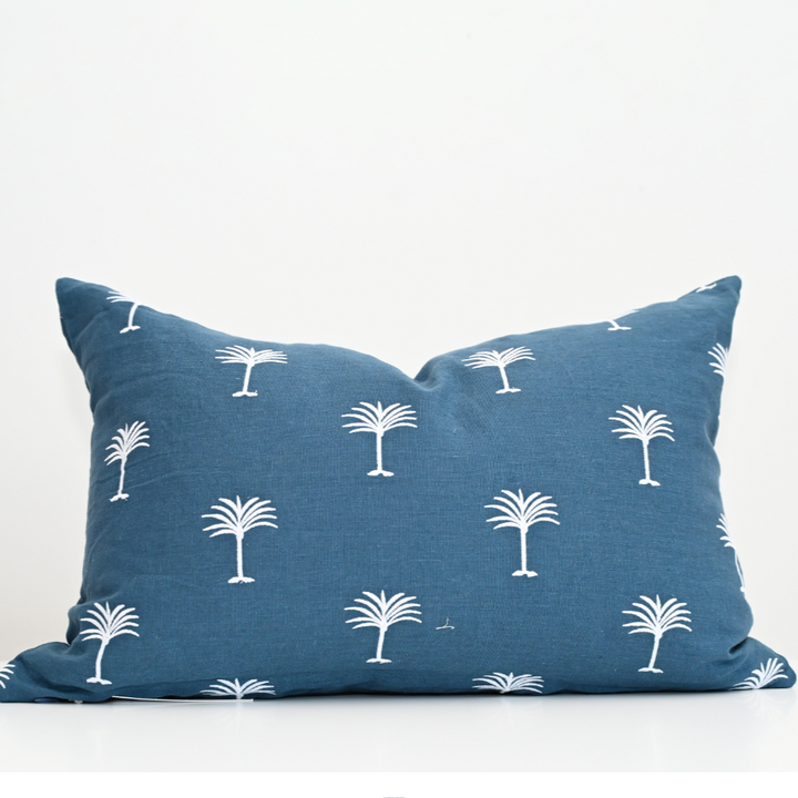Palm Tree Navy Linen Lumbar Cushion