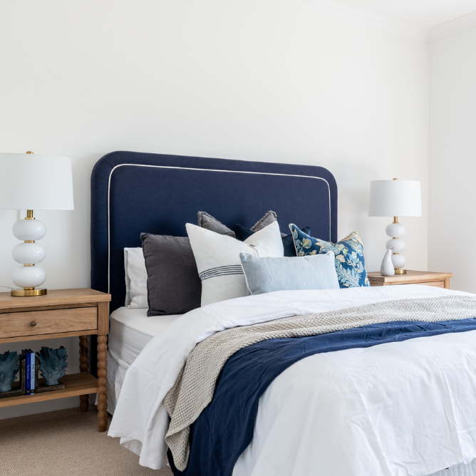 Grace Curved Deluxe Bedhead Queen Navy White Piping