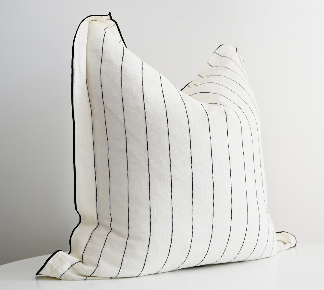 Tamarama White & Blue Stripe Square Linen Cushion