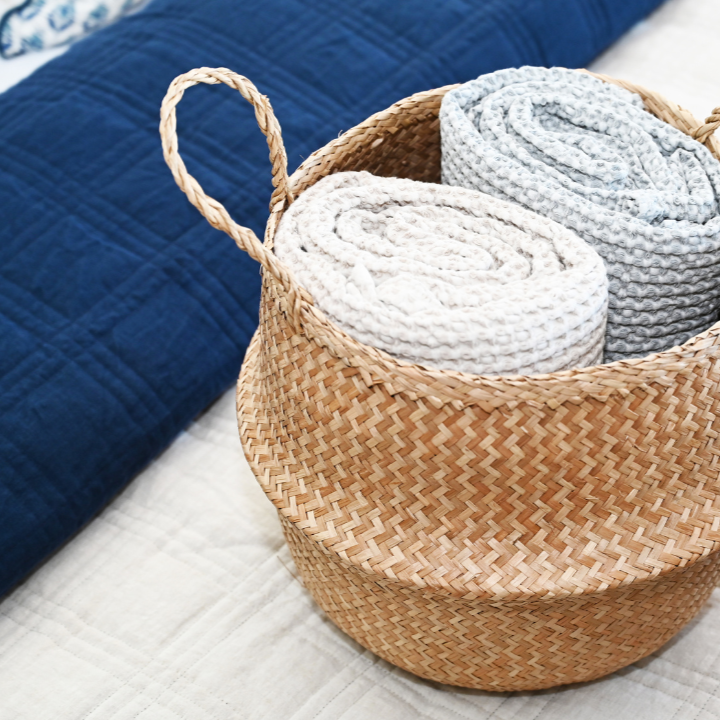 Alana Hand Quilted Linen Reversible Bed Cover- Navy and Oatmeal