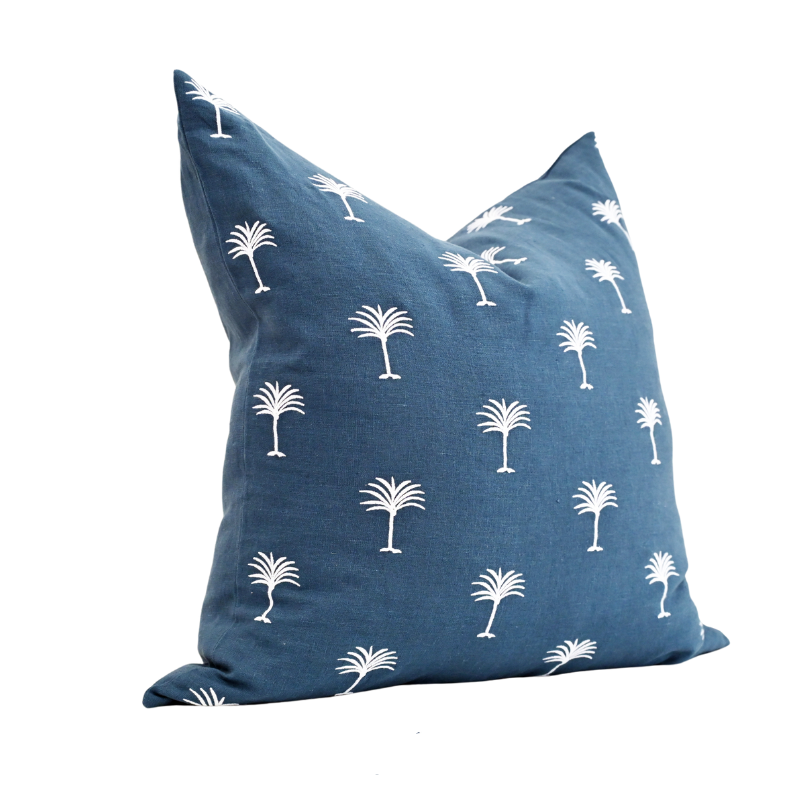 Palm Tree Blue Linen Square Cushion