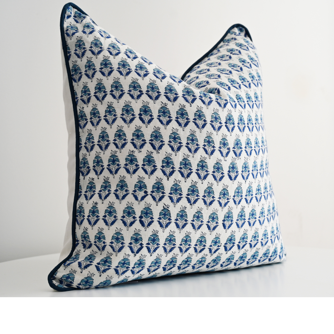 Floral Motif Block Print Square Linen Cushion