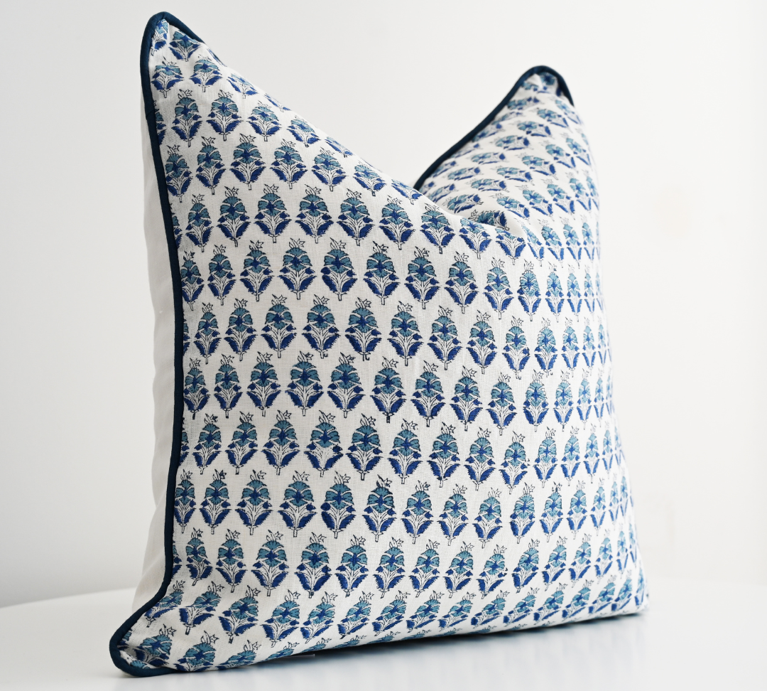 Floral Motif Block Print Square Linen Cushion