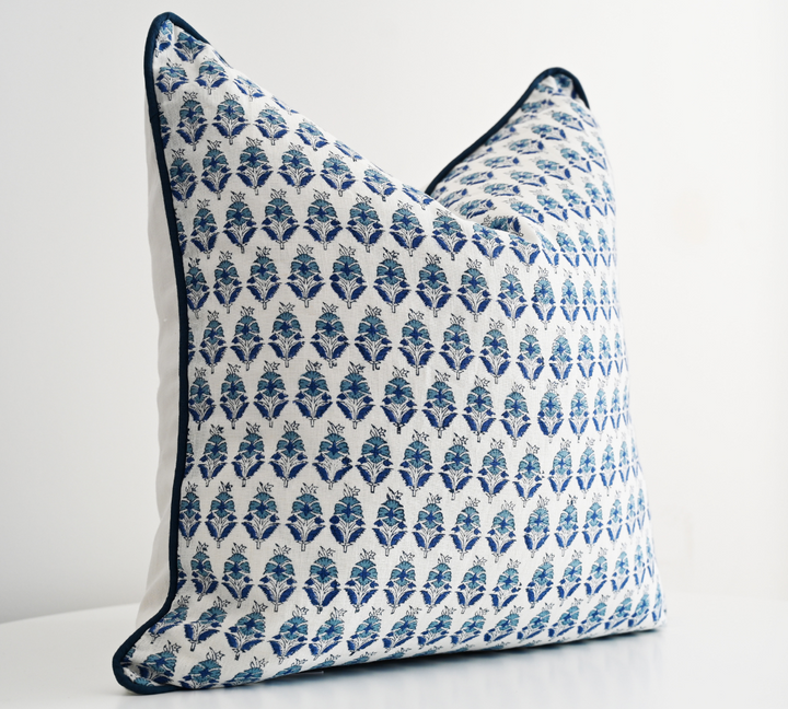 Floral Motif Block Print Square Linen Cushion
