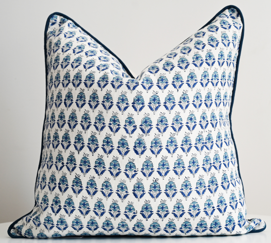 Floral Motif Block Print Square Linen Cushion