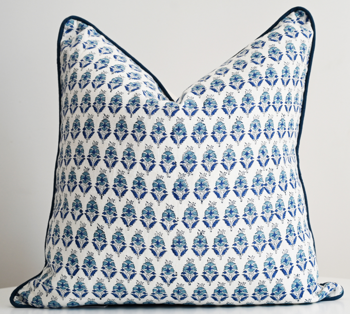 Floral Motif Block Print Square Linen Cushion