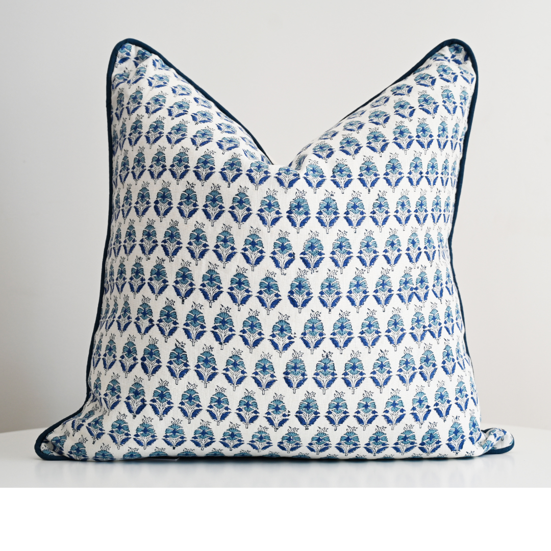 Floral Motif Block Print Square Linen Cushion