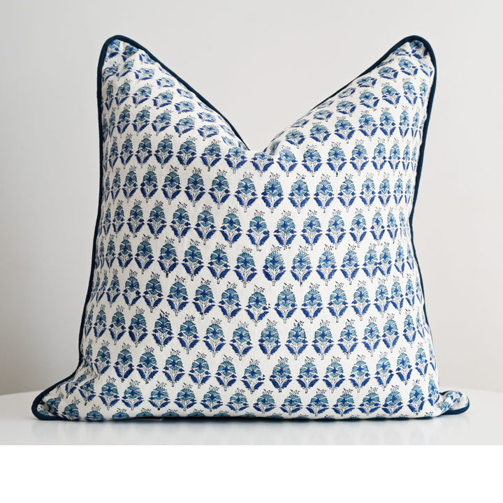 Floral Motif Block Print Square Linen Cushion