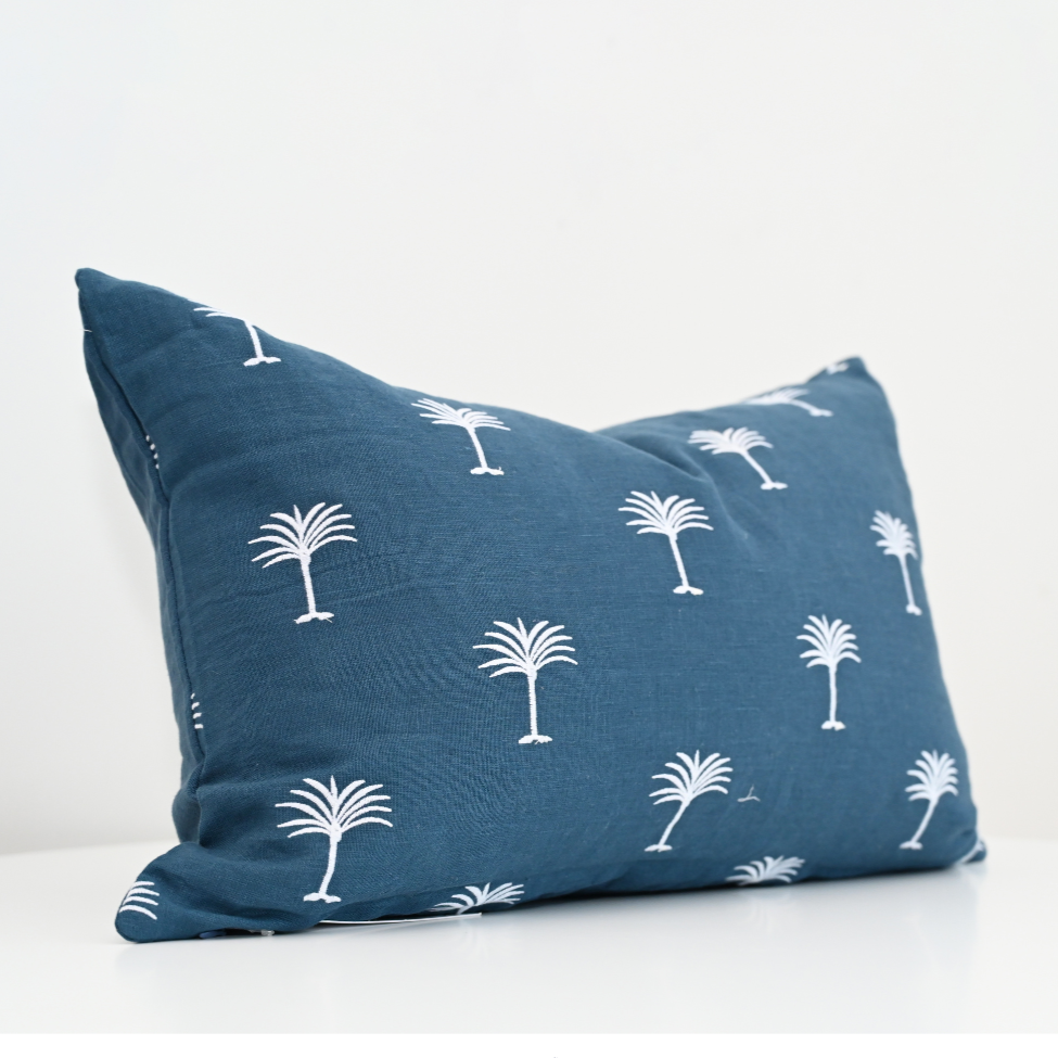 Palm Tree Navy Linen Lumbar Cushion