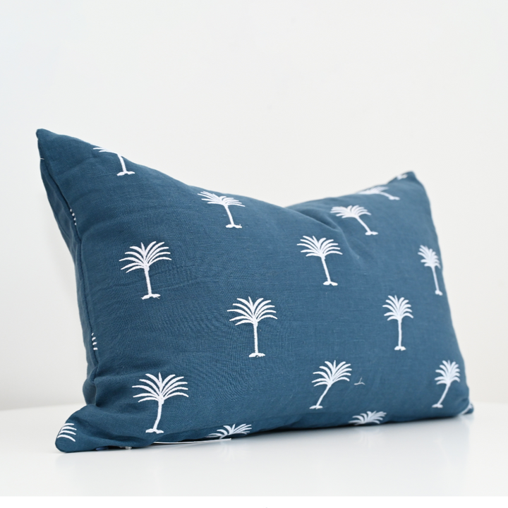Palm Tree Navy Linen Lumbar Cushion