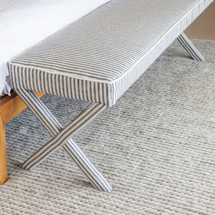 Lauren Linen Large Bench Seat Stripe Navy Blue 160cm wide x 45cm deep x 49cm high