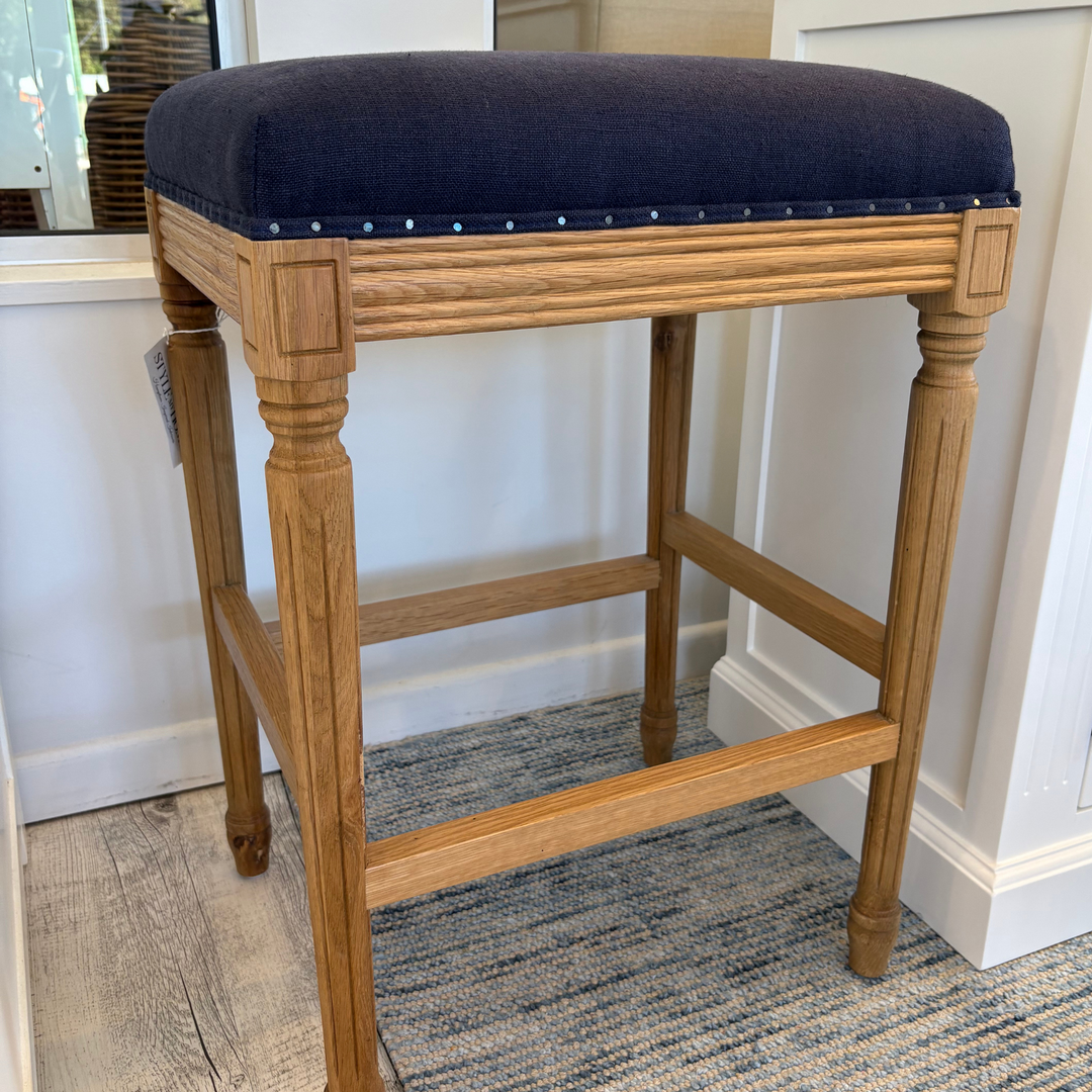 April Backless Kitchen Stool With Padded Linen Seat Natural Oak Navy