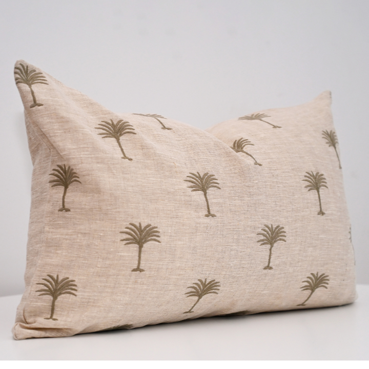 Palm Tree Oatmeal Linen Lumbar Cushion