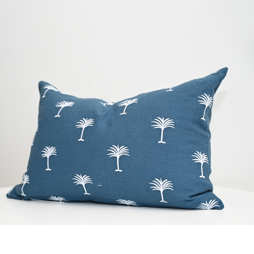 Palm Tree Navy Linen Lumbar Cushion