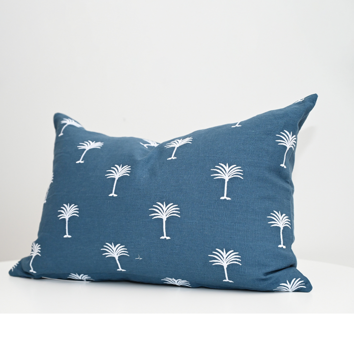 Palm Tree Navy Linen Lumbar Cushion