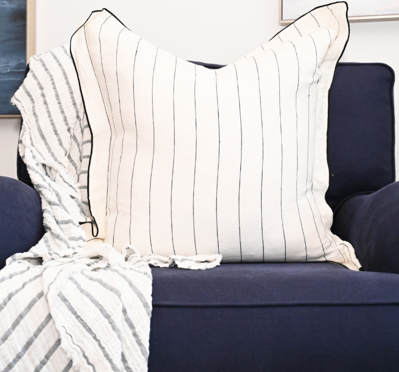 Tamarama White & Blue Stripe Square Linen Cushion