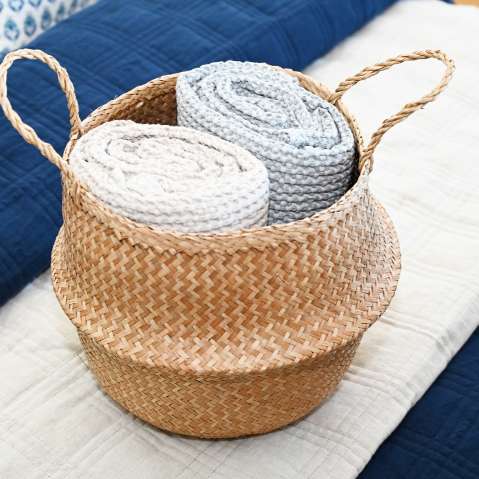 Alana Hand Quilted Linen Reversible Bed Cover- Navy and Oatmeal