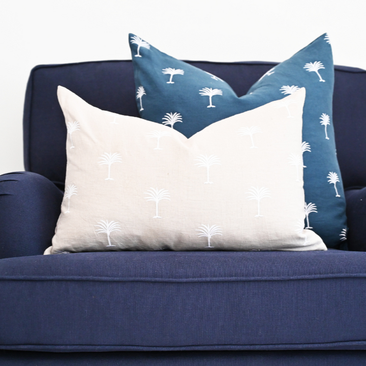 Palm Tree Blue Linen Square Cushion