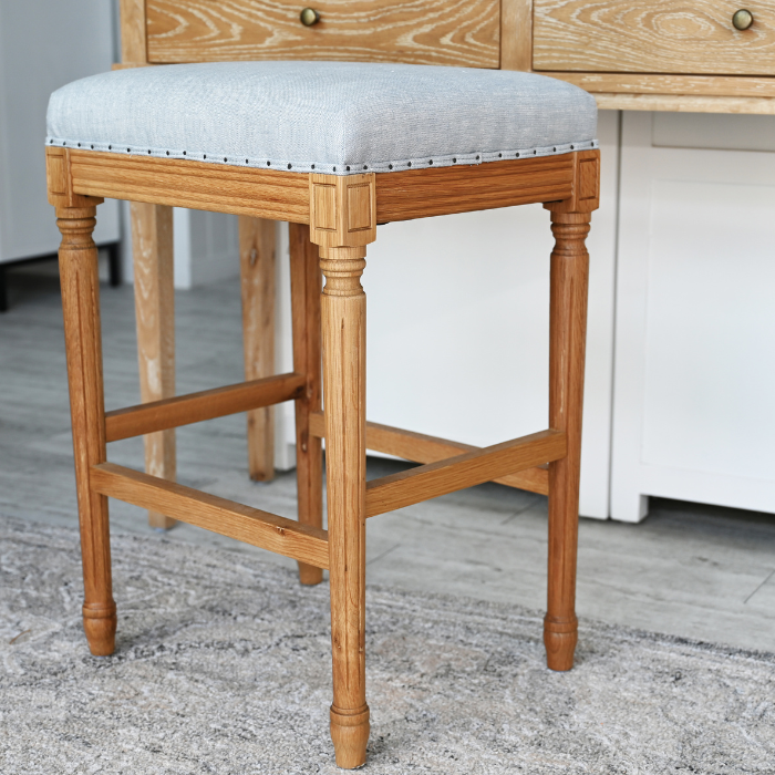 April Backless Kitchen Stool With Padded Linen Seat Natural Oak Duck Egg Blue