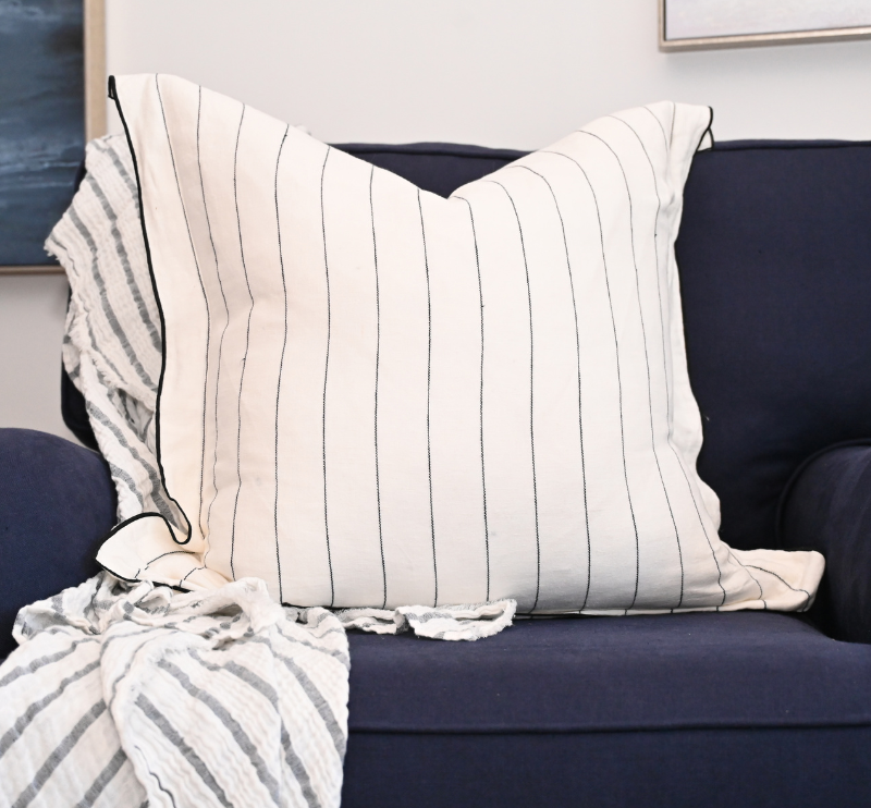 Tamarama White & Blue Stripe Square Linen Cushion