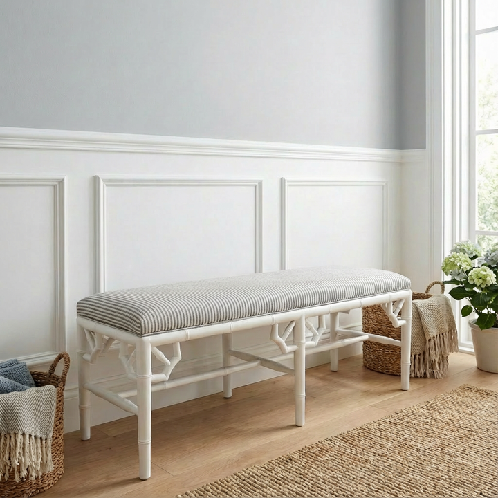 Raffles Linen Upholstered Oak Bench Seat Satin White Stripe Navy Blue 135cm wide x 45cm deep x 49cm high