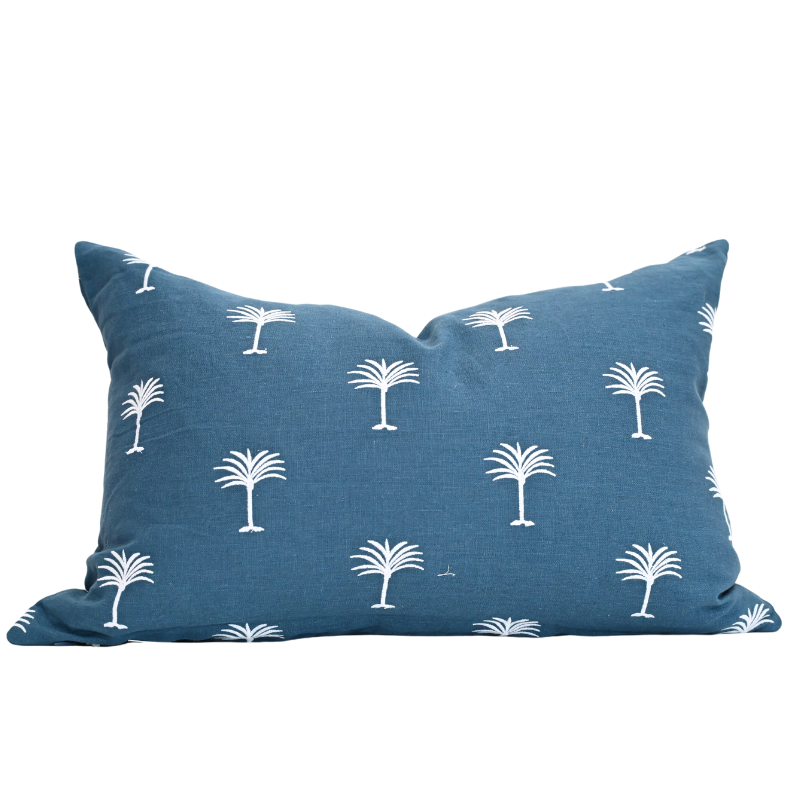 Palm Tree Navy Linen Lumbar Cushion
