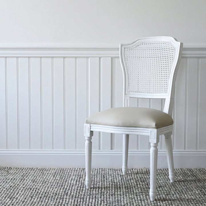 April Luxury Leather Dining Chair Satin White Oatmeal Leather