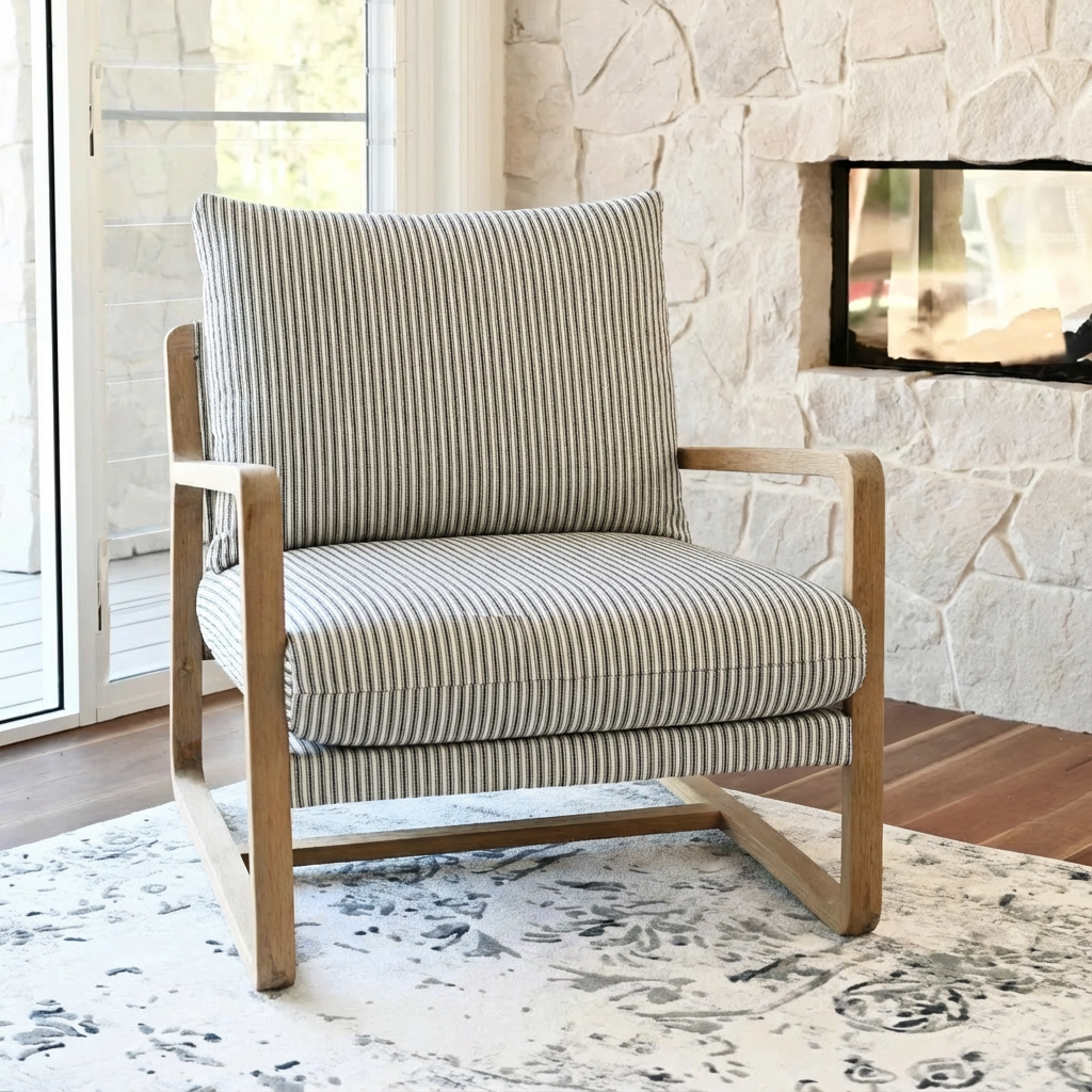 Drift Sling Linen & Oak Armchair Stripe Navy Blue Whitewash Oak 76cm wide x 93cm deep x 88cm high