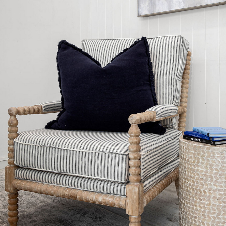 Bobbin Linen And Oak Armchair Whitewash Oak Stripe Navy Blue 75cm wide x 85cm deep x 112cm high