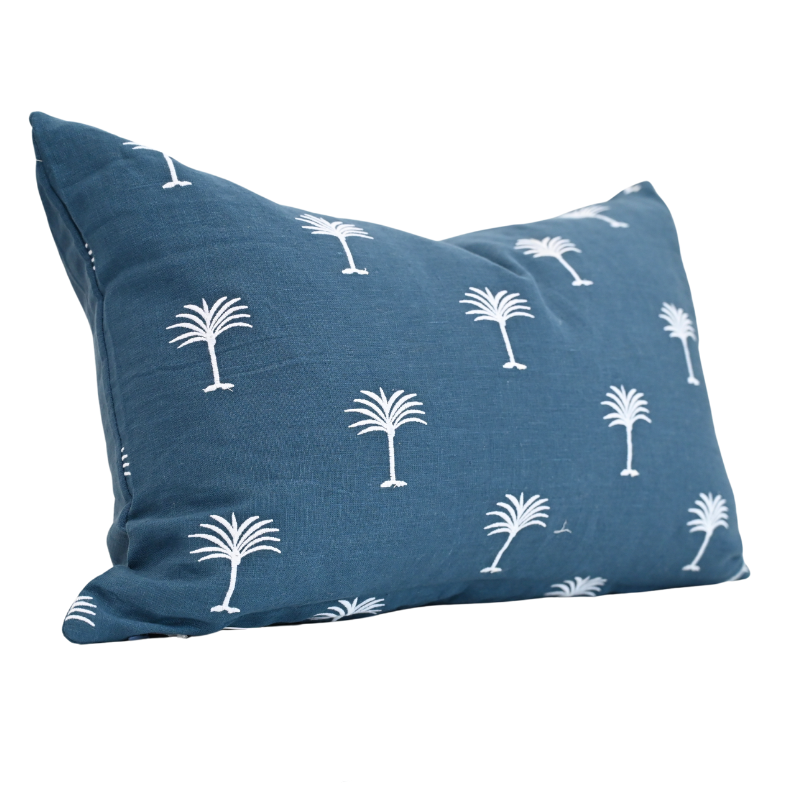 Palm Tree Navy Linen Lumbar Cushion