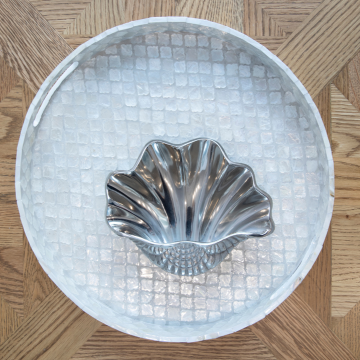 Quatrefoil Round Mother Of Pearl Tray- Neutral
