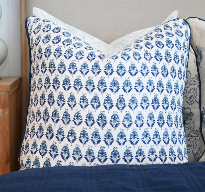 Floral Motif Block Print Square Linen Cushion