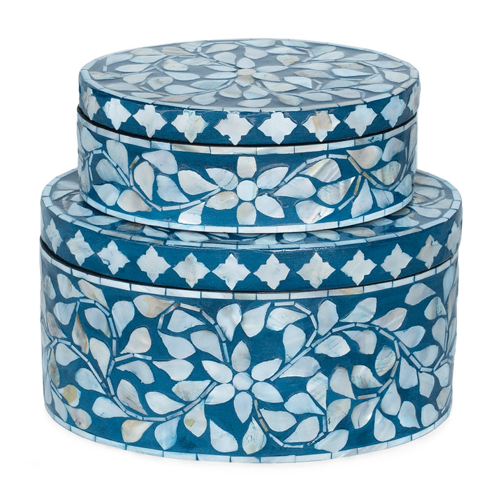 Blue floral mother of pearl oval trinket box