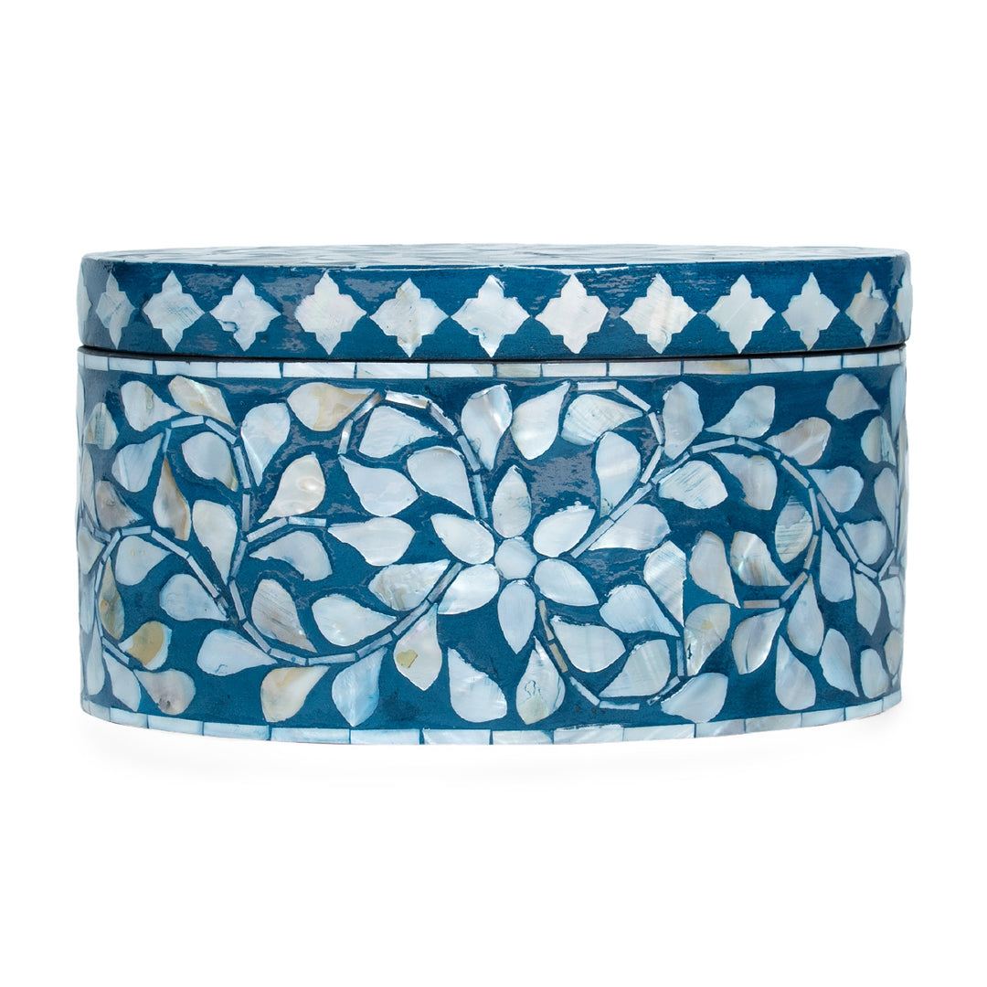 Blue floral mother of pearl oval trinket box