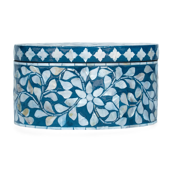 Blue floral mother of pearl oval trinket box