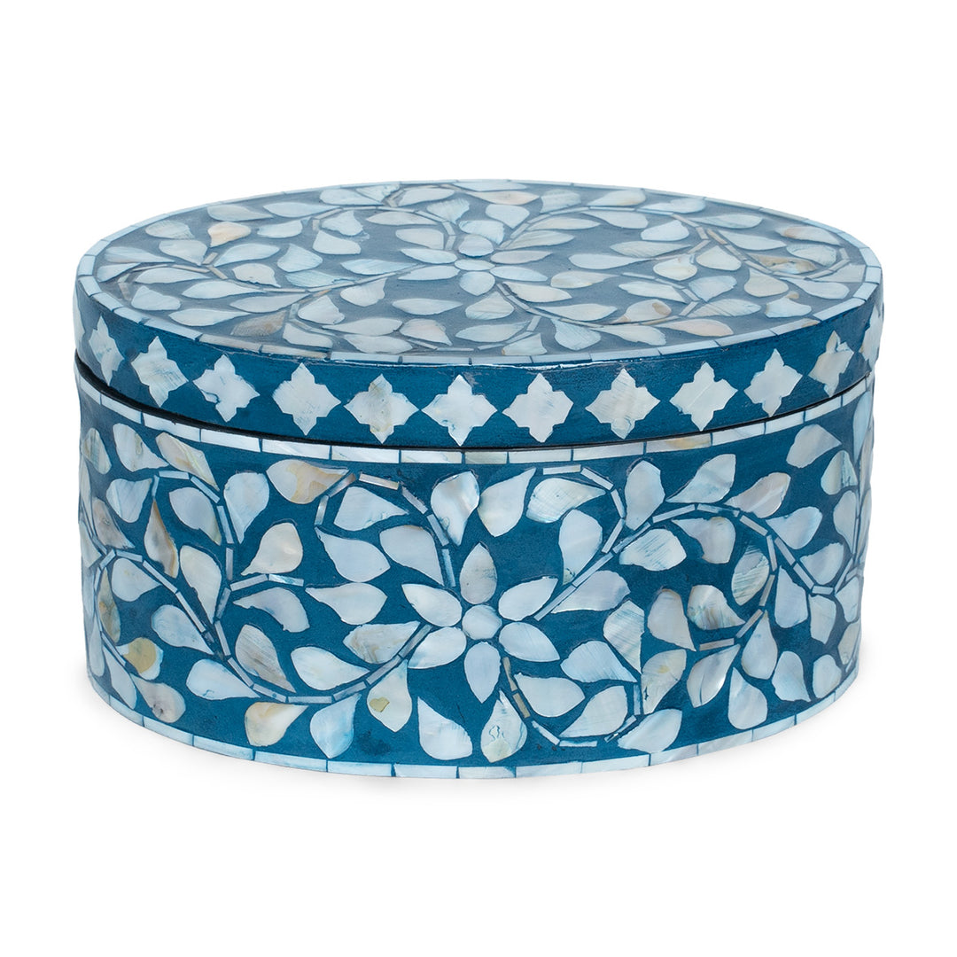 Blue floral mother of pearl oval trinket box