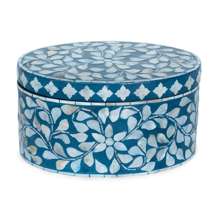 Blue floral mother of pearl oval trinket box