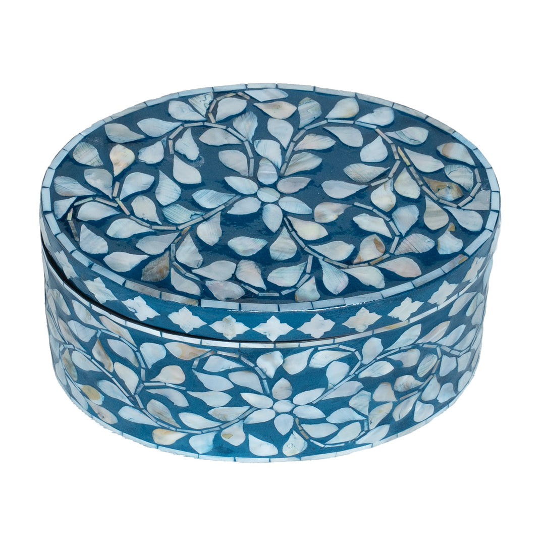 Blue floral mother of pearl oval trinket box