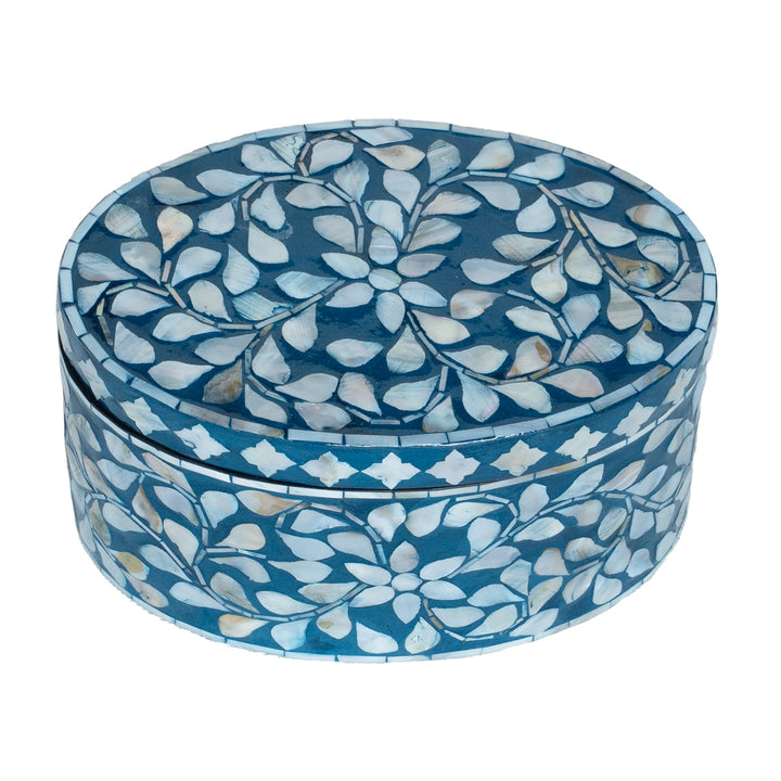 Blue floral mother of pearl oval trinket box