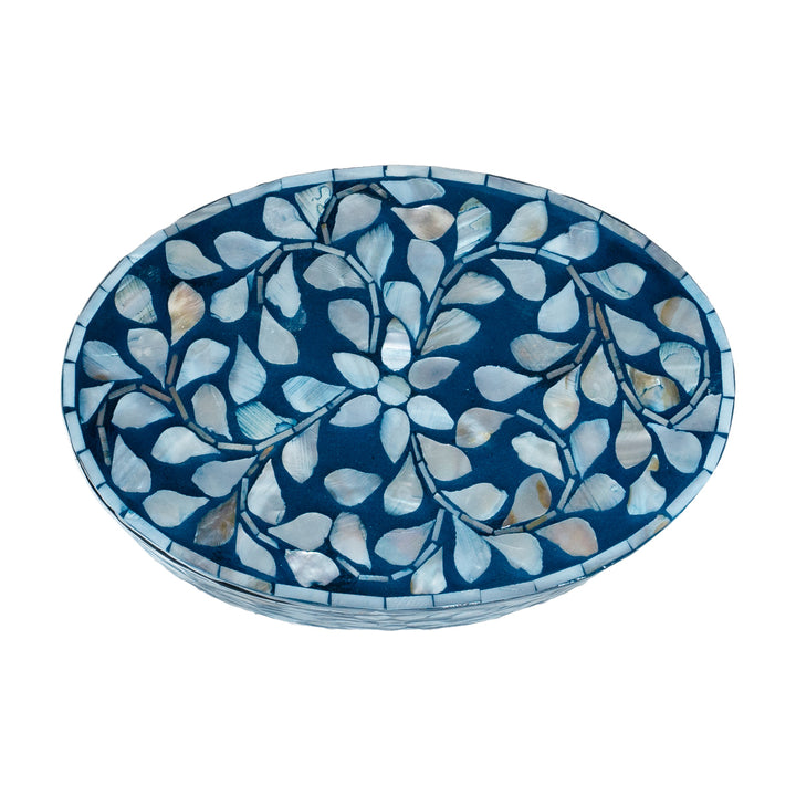 Blue floral mother of pearl oval trinket box