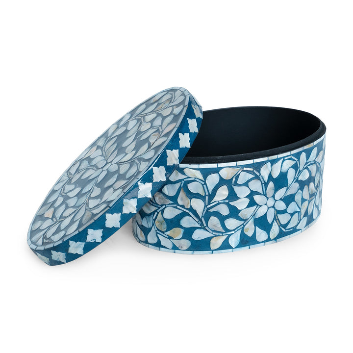 Blue floral mother of pearl oval trinket box