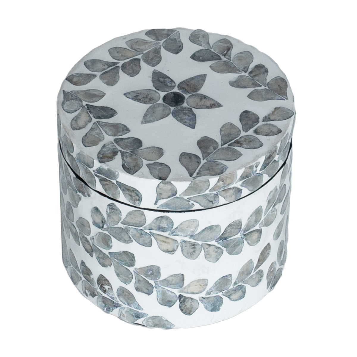 mother of pearl floral grey and white round trinket box