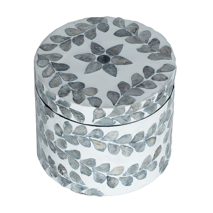 mother of pearl floral grey and white round trinket box